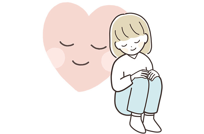 女性に大きなハートが寄り添うやさしいイメージのイラスト