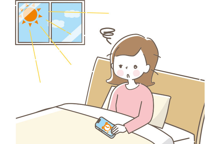 寝不足のまま朝を迎え眠そうな女性のイラスト