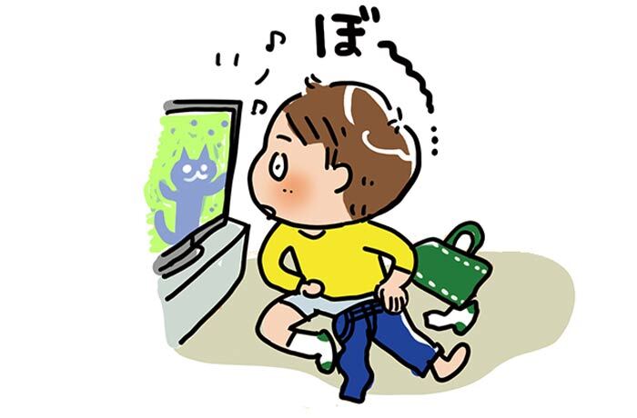 口をぽかんと開けてテレビを見ている少年のイラスト