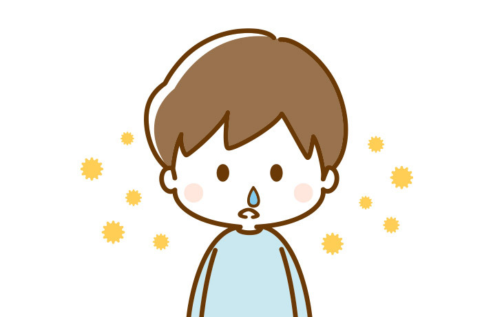 鼻づまりにより鼻で呼吸ができず、口が空いてしまっている少年のイラスト