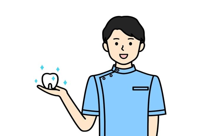 定期健診で白く健康な歯を維持することを提案する歯科医師のイラスト