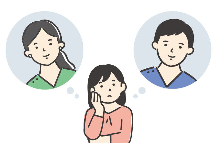 二人の歯科医師を思い浮かべて悩む女性患者のイラスト