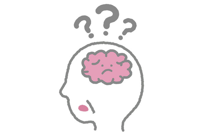 刺激が少なくなってしまった脳が困った表情をしており、本人は認知機能が低下してしまいハテナが頭上に浮かんでいるイラスト