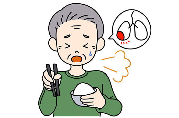 誤嚥して食べ物が誤って気管に入ってしまった高齢男性のイラスト
