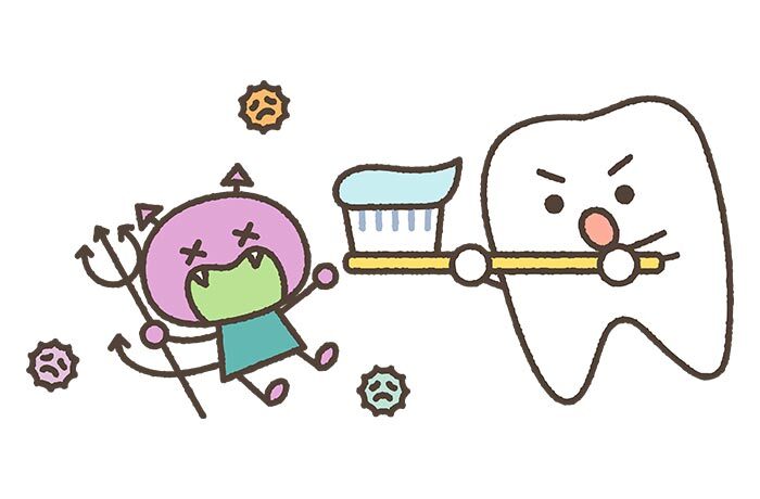 ばい菌を寄せ付けないよう戦う、歯ブラシを持った歯のキャラクターのイラスト
